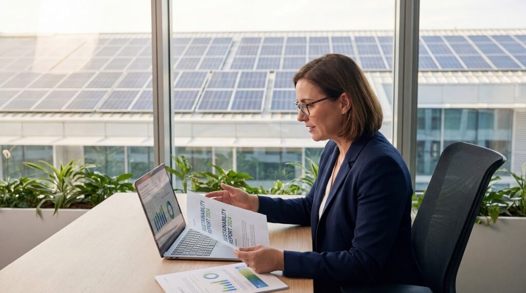 Ejecutiva trabajando y con paneles solares de fondo por la sostenibilidad corporativa